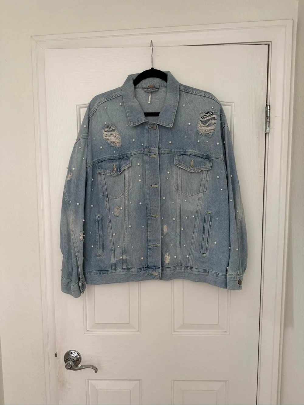 Free People Sunday Funday Light Wash Distressed Denim Jacket with Pearl Studs - Picture 2 of 6